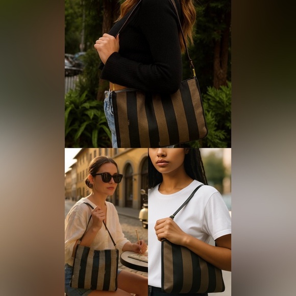 Fendi Handbags - FENDI Vintage Pequin Stripe Crossbody Bag Tobacco Brown Canvas Leather Authentic